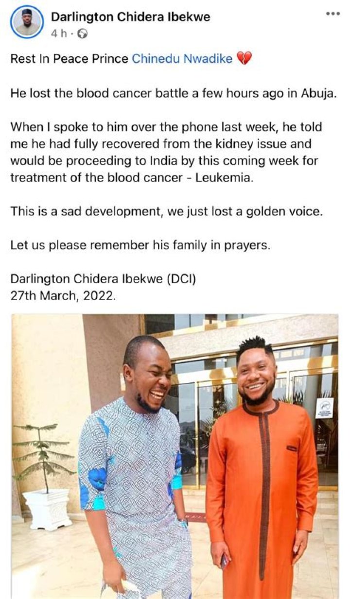 
Prince Chinedu Nwadike Died Of Heart Failure, What Happened To The Gospel Singer? 